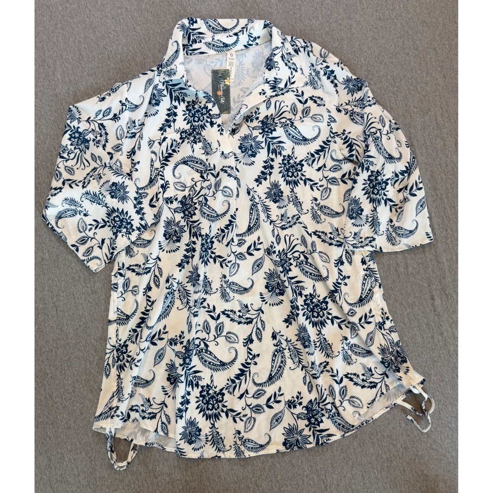 Blooming Jelly Women XXL Navy Blue White Floral Paisley Tunic Side Tie NWOT